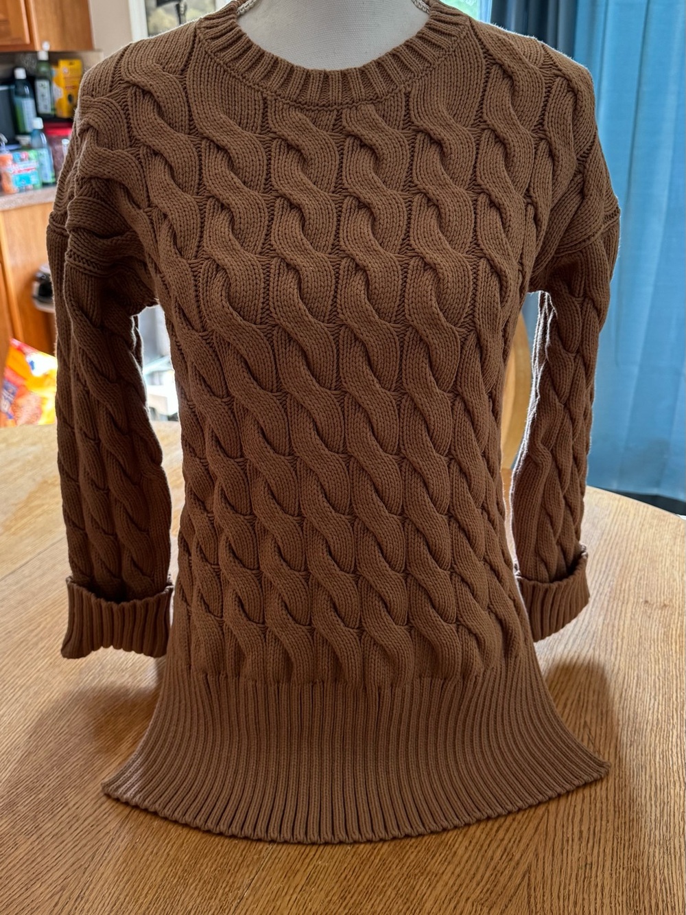 J. Crew Cable-Knit Crewneck Sweater in Camel Brown